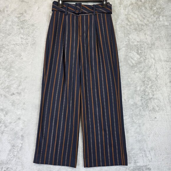 Banana Republic Pants Womens 0 Navy Brown Stripe Pleated Belted Wide Leg Dressy - Picture 1 of 12